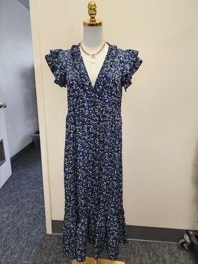 Urosalie Blue Floral Ruffle Sleeve Maxi Dress Size Extra Large